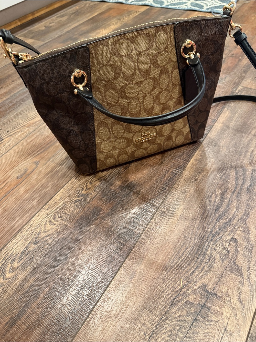 Coach Brown Signature Canvas Shoulder Bag with Black Straps